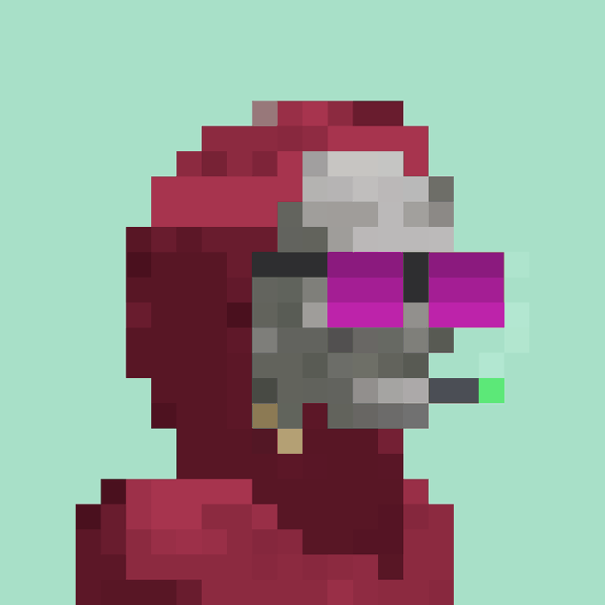 A pixel art portrait of an Among Us character with a red/maroon hooded figure and grey/white visor against a teal background.