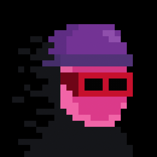 Pixel art showing a pink face with a red mask/visor and a purple hat, emerging from a dark silhouette against a black background.