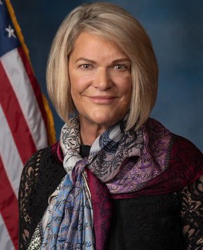 An official portrait of a woman with blonde hair wearing a black lace top and a colorful patterned scarf, with an American flag visible in the background.