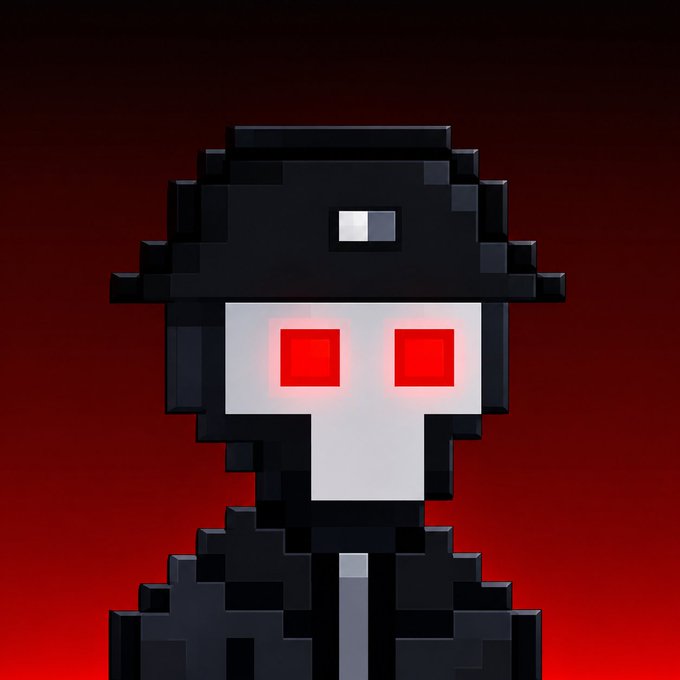 A pixel-art style digital illustration of a figure wearing a black hat and coat with glowing red square eyes against a dark red background.