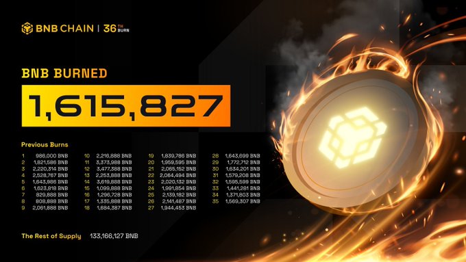 A BNB Chain burn tracker infographic showing 'BNB BURNED 1,615,827' in the 36th burn quarter, with a list of previous burns and 'The Rest of Supply 133,166,127 BNB' at the bottom, accompanied by a glowing BNB coin engulfed in flames.