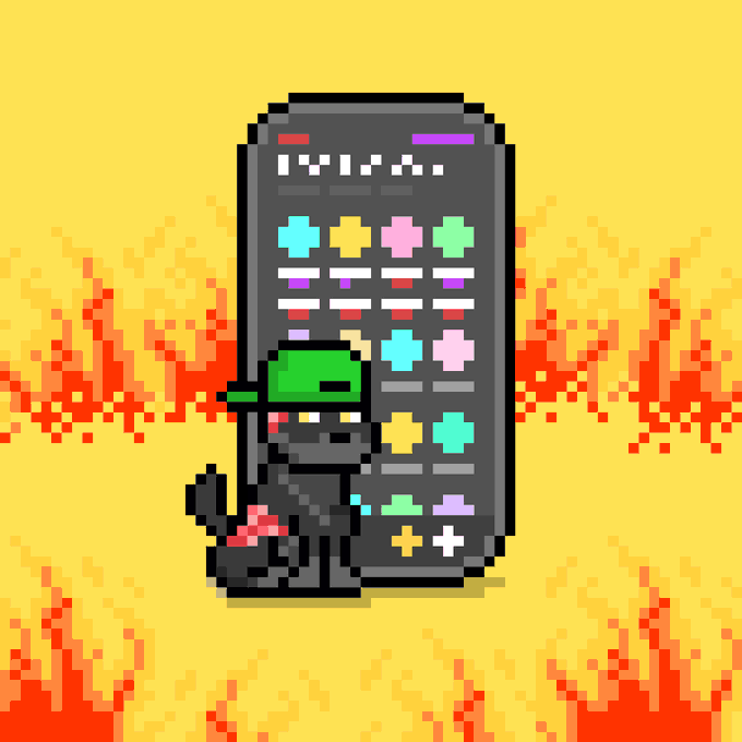 Pixel art of a black cat wearing a green cap and holding a pink object, standing in front of a large smartphone displaying a calculator app, set against a yellow and orange pixelated background.