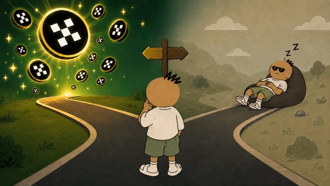 A cartoon character stands at a crossroads facing glowing "XRP" logos on one path and a sleepy figure on the other, symbolizing a pivotal decision. The image ties into the post's "AYOO Fair Launch" announcement by illustrating the choice between safety and opportunity in token launches, with dual Uniswap V3 positions (Exit Protection and Upside Release) representing the two paths of a 500M fixed-sale launch.