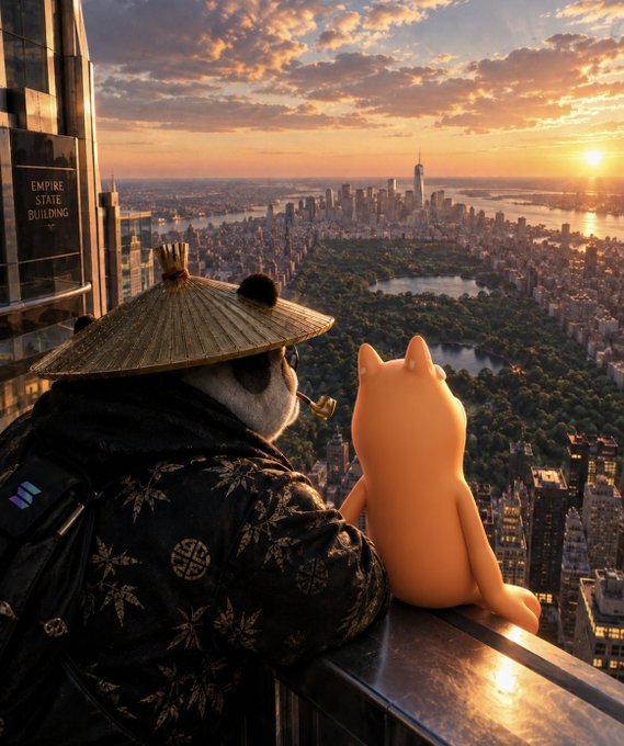 An animated panda wearing a straw hat and a small orange cat sit on a balcony overlooking New York City at sunset, with the Empire State Building visible in the background.