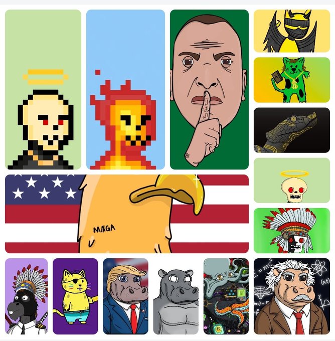 The image features a collage of various cartoon characters, including a man with a finger over his lips, an eagle, a hippopotamus, and other animals such as a cat and a dog. The collage also includes several cartoon characters wearing ties, which adds variety to the collection. The post is titled "My #Algorand nfts that I'll never sell. There'S probably a few more".
