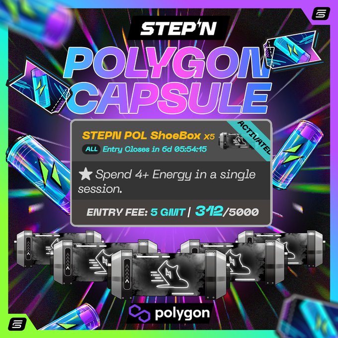 A promotional graphic for STEP'N POLYGON CAPSULE event featuring ShoeBox NFTs, requiring 4+ Energy in a single session, with an entry fee of 5 GMT and 312/5000 entries.
