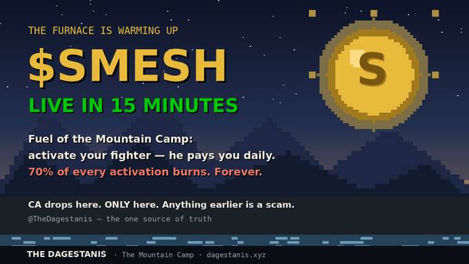 A digital promotional graphic for '$SMESH' by 'THE DAGESTANS' mentions it is 'LIVE IN 15 MINUTES' and references '70% of every activation burns. Forever.'