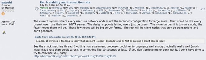 A BitcoinTalk forum post from Satoshi Nakamoto (satoshin) dated July 29, 2010, discussing network scalability and transaction rates, along with a quote from July 28, 2010, where he addresses payment processing verification times and dismisses critics with his famous line: "If you don't believe me or don't get it, I don't have time to try to convince you, sorry."