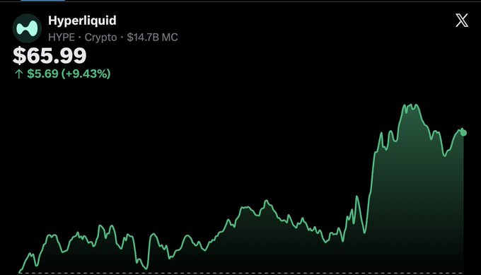 The image shows an upward-trending line chart with green lines, indicating the rise of cryptocurrency prices over time. The chart appears to show that the price of the cryptocurrency has been consistently increasing. The caption at the top of the image suggests this might be a good day for those who invested in cryptocurrency, like Hyper Liquid.