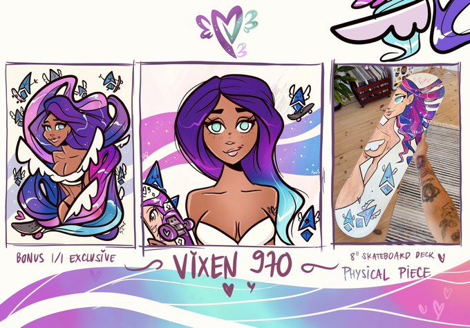 A promotional image for a 'VIXEN 970' character art series featuring multiple illustrations of a purple-haired woman with graffiti-style elements, highlighting a bonus 1/1 exclusive and an 8" skateboard deck physical piece.