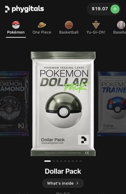The image shows the Phygitals app interface displaying a $19.07 balance and a featured "Dollar Pack" Pokémon trading card pack, supporting the post's promotion of an instant airdrop promotion where users can use a referral code to claim a $1 bonus for opening card packs.