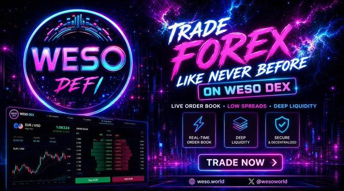 A promotional graphic for 'WESO DEFI' advertises 'TRADE FOREX LIKE NEVER BEFORE ON WESO DEX' with features including live order book, low spreads, and deep liquidity, showing a trading interface for EUR/USD.