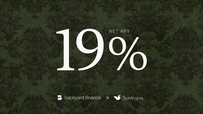 A promotional graphic with a dark green floral background displays '19% NET APY' in large white text, featuring logos for 'backyard.finance' and 'Syntropia'.