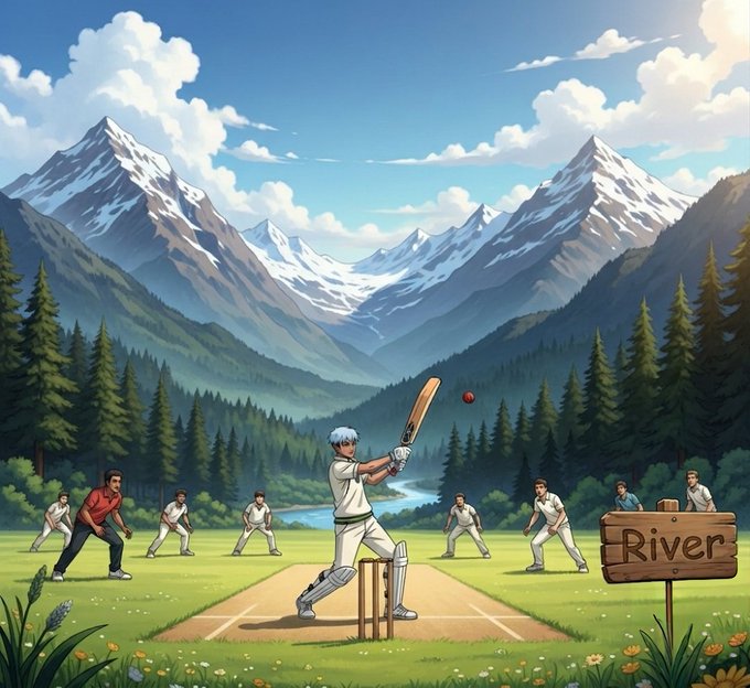 An anime-style illustration of a cricket match being played in a mountain valley, with a batsman at the crease and fielders positioned around the pitch near a wooden sign reading 'River'.