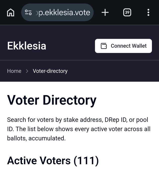 The image shows a phone screen displaying a webpage with information about the EKLESIA website. The main focus of the image is an active voter's page that provides details about the voting process, including instructions for casting a vote and information on how to register as an active voter.