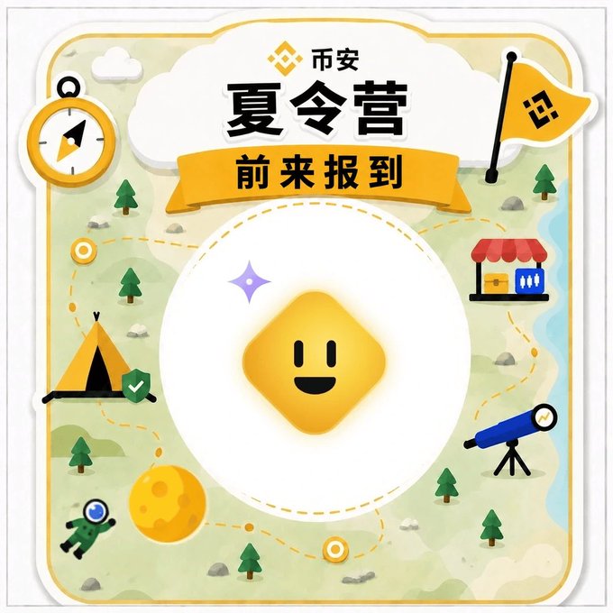 A colorful promotional graphic for "币安 夏令营" (Binance Summer Camp) with "前来报到" (Check in), featuring a yellow smiling square character surrounded by summer camp-themed icons including a tent, compass, telescope, moon, and astronaut.