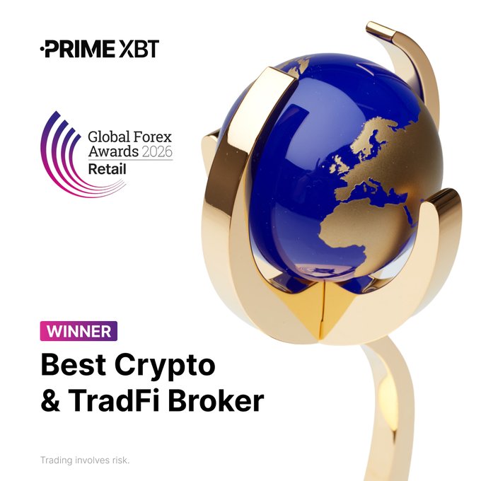 Promotional award announcement for PrimeXBT declaring them the 'Best Crypto & TradFi Broker' Winner at the Global Forex Awards 2026 Retail, featuring an image of a blue globe trophy.