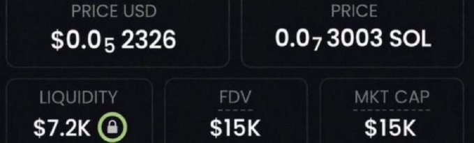 The image shows cryptocurrency price metrics for a low-cap token with a price of $0.0₅2326 (or 0.0₇3003 SOL), liquidity of $7.2K, FDV of $15K, and market cap of $15K. This supports the post's claim of a token at a 15K market cap, illustrating the token's micro-cap status being promoted as a potential 100x opportunity.