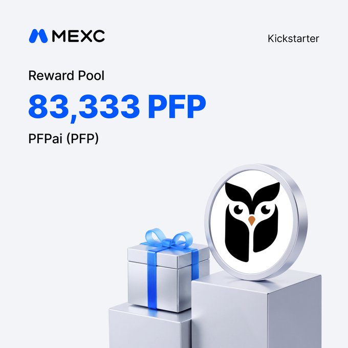 A promotional graphic for MEXC's Kickstarter event features the MEXC logo in the top left and the word "Kickstarter" in the top right. The central text announces a "Reward Pool" of "83,333 PFP" for the "PFPai (PFP)" project, corresponding to the @pfpai_io token launch scheduled for September 9, 2026, at 09:00 UTC. Below the text, 3D-rendered visuals depict a silver gift box with a blue ribbon alongside a circular token displaying a black and white owl logo, symbolizing the rewards.