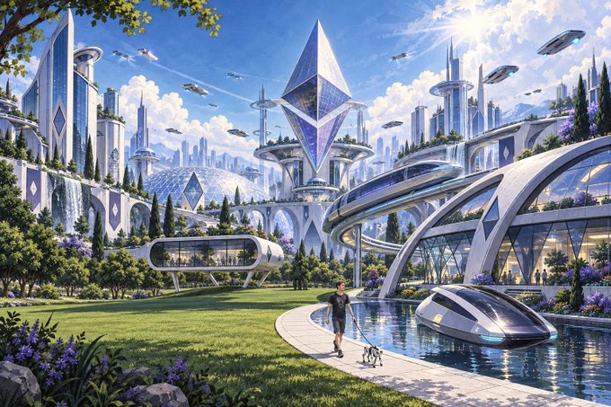 A futuristic sci-fi cityscape featuring sleek white architecture, a large central crystalline structure, flying vehicles, a person jogging with a dog, and a high-speed train on a waterway.