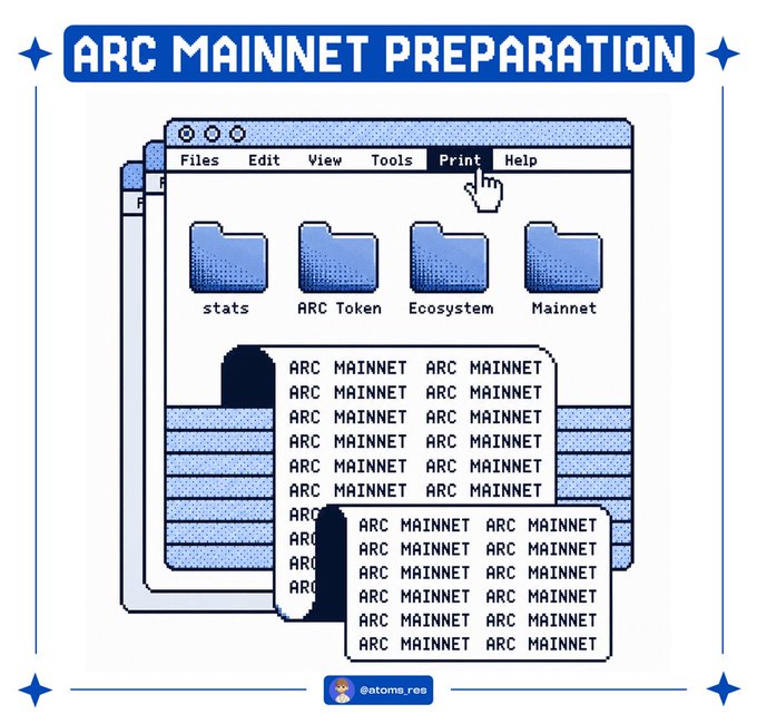 This image depicts "ARC MAINNET PREPARATION" with folders for "stats," "ARC Token," "Ecosystem," and "Mainnet" alongside repeated text of "ARC MAINNET" in a retro computer interface, visually reinforcing the upcoming launch of the Arc Mainnet.