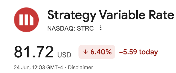 "The title of the image is 'Strategy Variable Rate'. The screen displays a message about Strategy Variable Rate being down by 6.4% today, which includes a trade value of $91.72 at $93 for a total of $92.73."