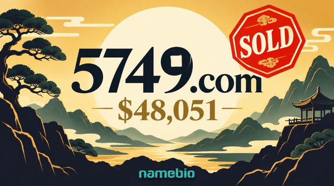 An advertisement graphic showing '5749.com' as sold for $48,051 with a 'SOLD' stamp, styled with a Japanese landscape background and 'namebio' text.