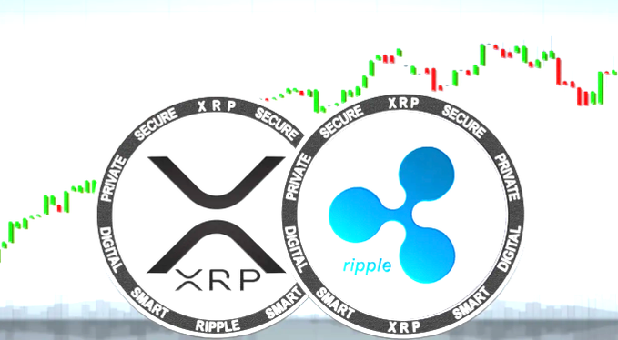A graphic showing two XRP/Ripple cryptocurrency coins in front of a candlestick price chart.