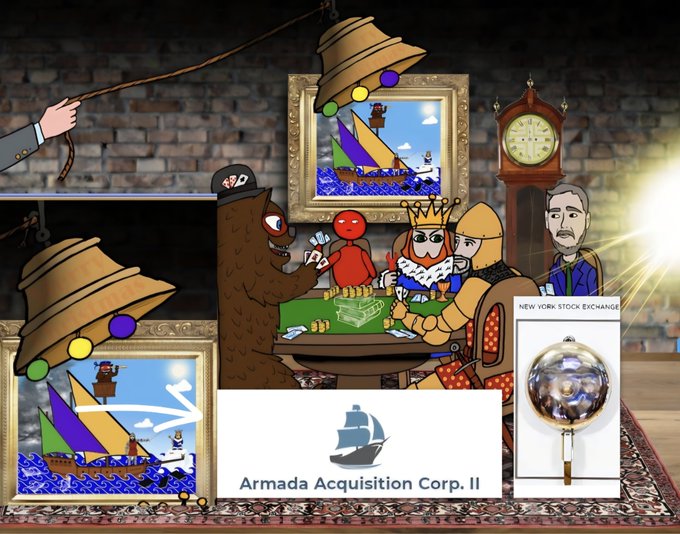A whimsical cartoon scene depicts characters playing cards around a table with a bell representing Nasdaq above, while "Armada Acquisition Corp. II" is labeled beneath a framed painting of a ship. The image illustrates the SPAC's vote to merge with Evernorth and debut on Nasdaq under ticker XRPN, with a "New York Stock Exchange" sign and clock visible in the background.