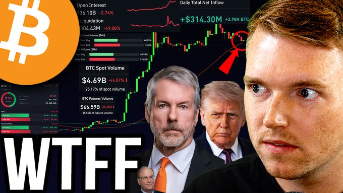 A YouTube thumbnail featuring a shocked-looking man on the right with Bitcoin crash visuals, candlestick charts, and faces of Federal Reserve's Jerome Powell, Donald Trump, and another official on the left, overlaid with text like "WTFFF" and crypto market data showing a -2.74% drop, $104.43M liquidation, BTC Spot Volume $4.69B, and BTC Futures Volume $66.59B—tying into the video's discussion of a potential "Black Thursday" Bitcoin market crash and liquidation trap.