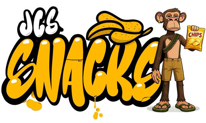 Graffiti-style logo reading 'JCGS SNACKS' in yellow bubble letters with bananas, alongside a cartoon monkey wearing shorts, a bandolier, and sandals, holding a bag of chips.