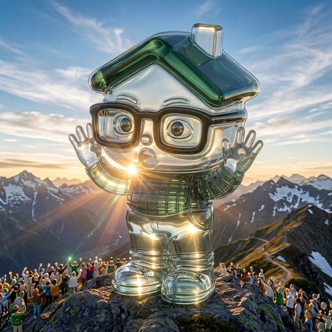 A shiny, metallic cartoon character wearing glasses and a green roof-shaped hat standing on a mountain peak with its arms raised, while a crowd of tiny figures gathers below.