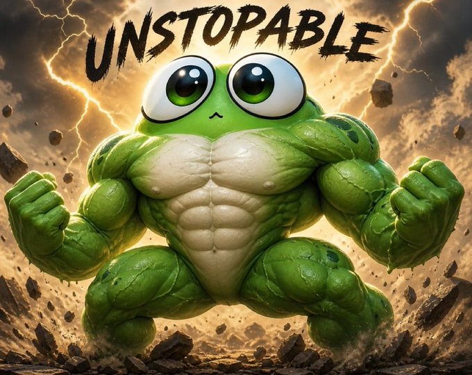 A digitally created, extremely muscular green frog with large eyes flexes its biceps amidst flying rocks, with the word 'UNSTOPABLE' displayed above it.