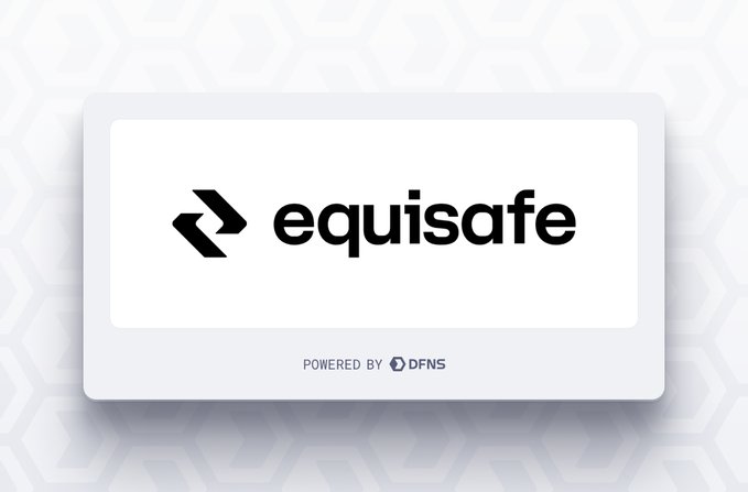 A minimalist white card displaying the 'equisafe' logo with a stylized geometric icon, set against a hexagonal patterned background, and labeled 'POWERED BY DFNS' at the bottom.