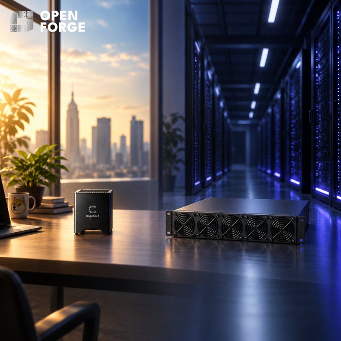 Promotional image for 'OPEN FORGE' featuring crypto mining hardware including a 'DogeBao 1' device and a multi-fan mining rig in a modern data center with city views.