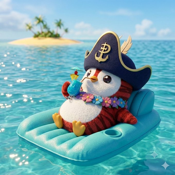 AI-generated image of a chubby penguin plushie wearing a pirate hat and flower lei, relaxing on a blue inflatable raft in turquoise ocean water with a tropical island in the background.