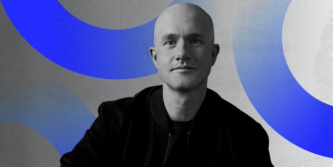 A black-and-white portrait of a bald man wearing a dark jacket is set against a gray background with bold blue circular shapes. The image appears to accompany commentary on Coinbase CEO Brian Armstrong's views distinguishing Bitcoin as a store of value while stablecoins serve as the medium of exchange.