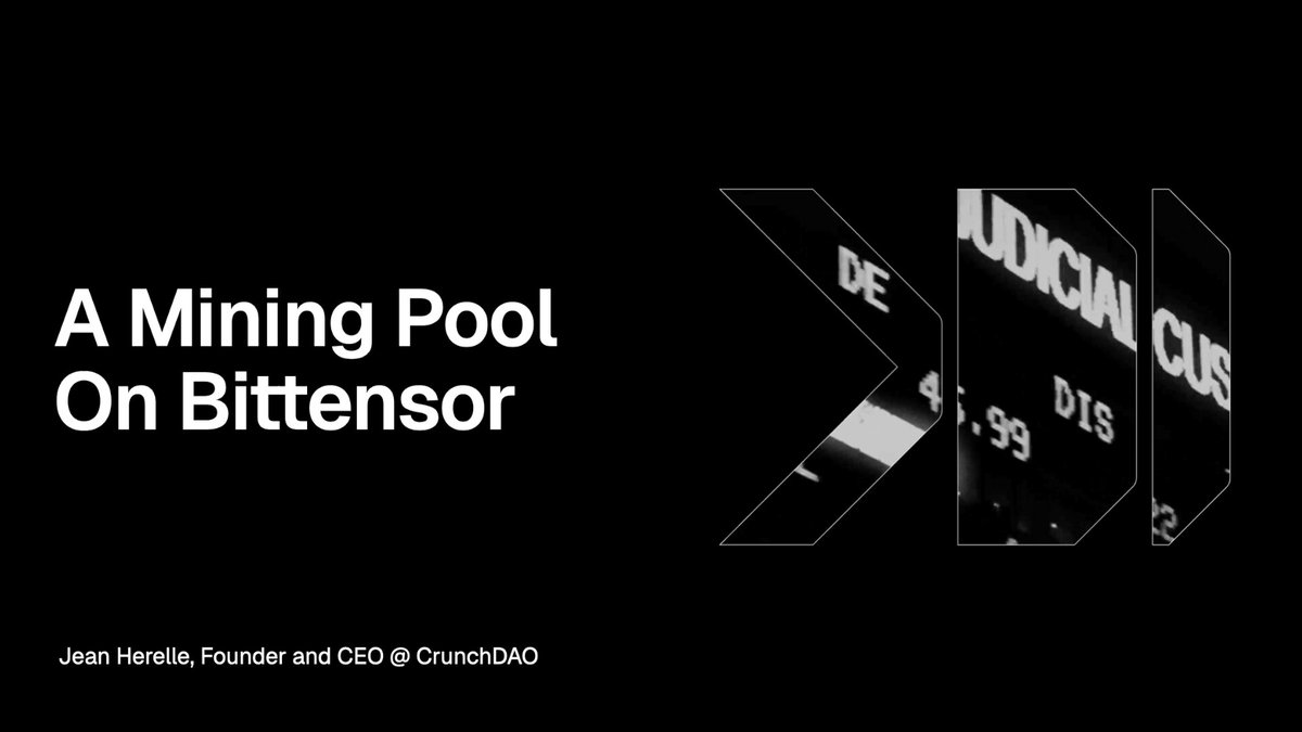 The image features a black and white poster titled "A Mining Pool On Bitenson." The text on the poster states that the mining pool has been at least six years old, suggesting an older model of Bitcoin mining. It also mentions that six pools currently produce 95% of all blocks, indicating a highly competitive environment in the industry. The post is promoting a service called "Bittensor," which focuses on pooling intelligence to analyze and predict market trends related to Bitcoin mining.