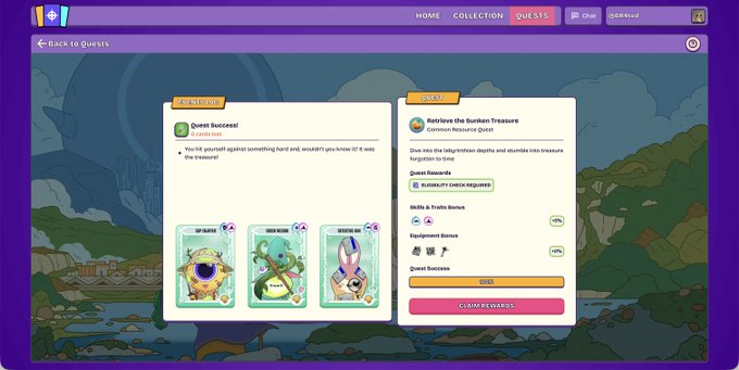 A screenshot from the Everdraw RPG game showing a "Quest Success!" screen with 25 points earned and a quest titled "Retrieve the Sunken Treasure" for a common resource quest. The interface displays player stats including +0% Skills & Traits Bonus and +0% Equipment Bonus, with a 100% quest success bar and three unrevealed NFT reward cards at the bottom, alongside a "Claim Rewards" button.