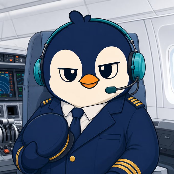 A cartoon penguin character dressed as a pilot in a blue uniform and headset sits in an airplane cockpit with a serious expression.