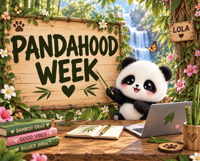 A digital graphic features a cute panda holding a bamboo stick next to a wooden sign reading 'PANDAHOOD WEEK'. Books below read 'BAMBOO IDEAS', 'GOOD VIBES', and 'BIGGER IMPACT', with a notebook showing a bamboo drawing and a small sign labeled 'LOLA'.