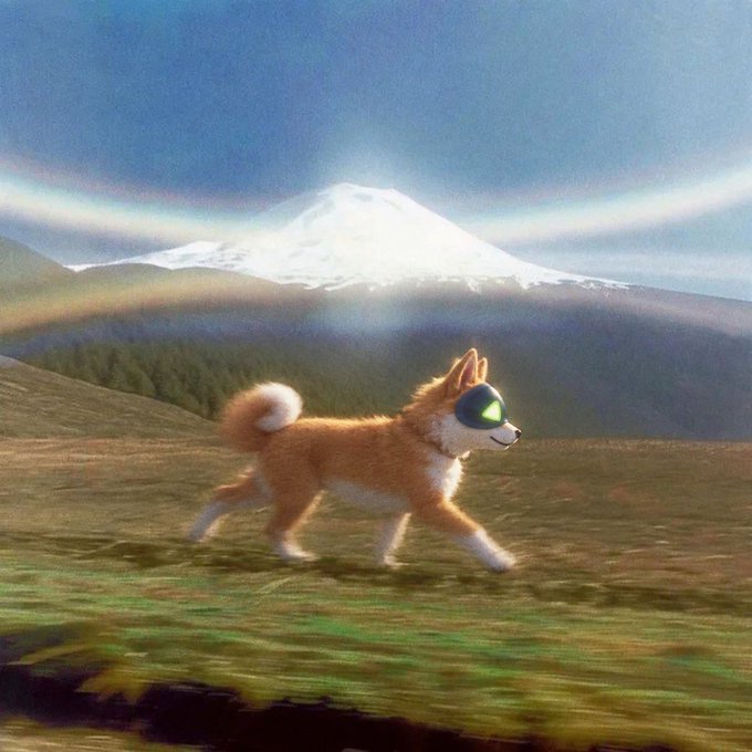 AI-generated or stylized image of a Shiba Inu dog wearing blue goggles running across a grassy plain with a snow-capped mountain in the background.