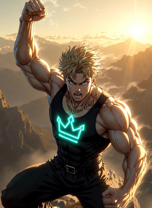 The image features a muscular man with blonde hair wearing a black tank top that has a crown design on it. He appears to be posing for a photo or drawing, possibly as part of an art project. The background shows mountains under a sunset sky, creating a visually striking scene. The caption at the bottom of the image reads "GM GM CT Everyone hunts for airdrops, but the biggest rewards usually go to those who use the product like real users". This suggests that the man in the image might be promoting or discussing an art project related to cryptocurrency and digital assets.