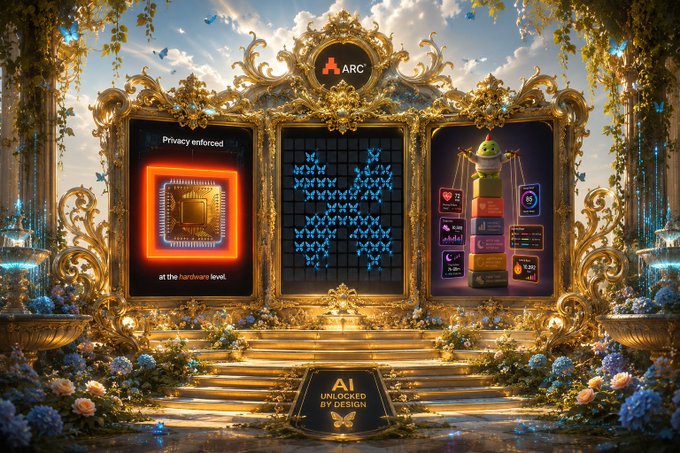 An ornate golden shrine displaying the ARC project, featuring 'Privacy enforced at the hardware level,' a central blue butterfly-patterned display, Android mascot imagery, and a plaque reading 'AI UNLOCKED BY DESIGN.'