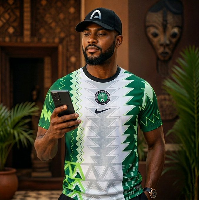 A bearded man wearing a green and white Nike Nigeria national football team jersey and black cap looks at his smartphone in front of a decorative African mask.