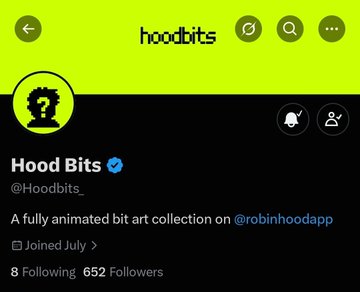 A screenshot of the HoodBits Twitter/X profile with a bright green header, describing the account as "A fully animated bit art collection on @robinhoodapp" with 8 Following and 652 Followers.