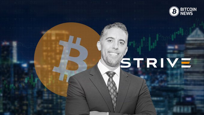 A man in a suit stands smiling in front of a backdrop featuring the Bitcoin logo, the "STRIVE" logo, and a stock chart with "BITCOIN NEWS" in the corner, visually accompanying news of Strive (ASST) upsizing its $SATS preferred offering to approximately $630 million to become the second-largest Bitcoin treasury company.