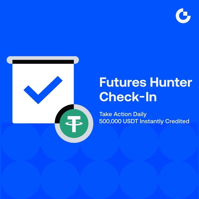 The image promotes "Futures Hunter Check-In" with a checkbox and the USDT logo, highlighting "500,000 USDT Instantly Credited" and encouraging daily action. This visual directly relates to the promotional text by showcasing the rewards and action required.