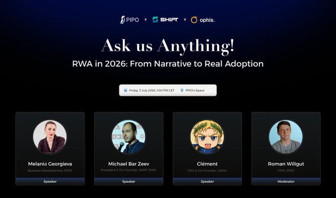 A promotional banner for an AMA event titled "Ask us Anything! RWA in 2026: From Narrative to Real Adoption," scheduled for Friday, July 3, 2026, at 1:00 PM CET on PIPO's Space, featuring speakers Melania Georgieva (PIPO) and Michael Bar Zeev (SHIFT RWA), with Clément (Ophis) and moderator Roman Wiligut.