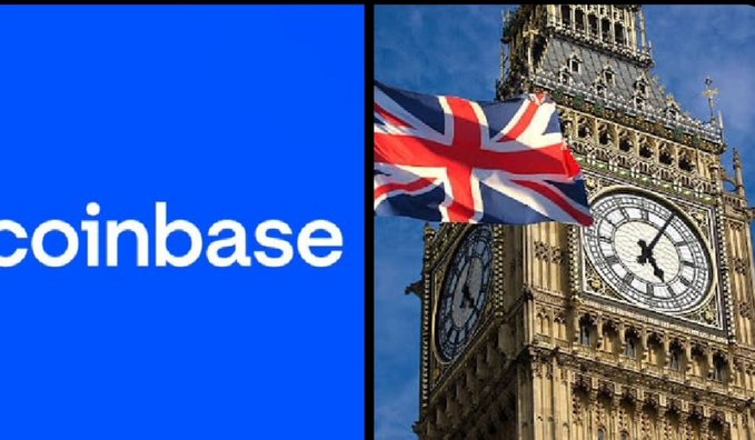 The image is split, showing the "coinbase" logo in white text on a blue background on the left, and Big Ben with a waving Union Jack flag on the right, symbolizing Coinbase's newly approved expansion into the UK market to offer traditional financial products.